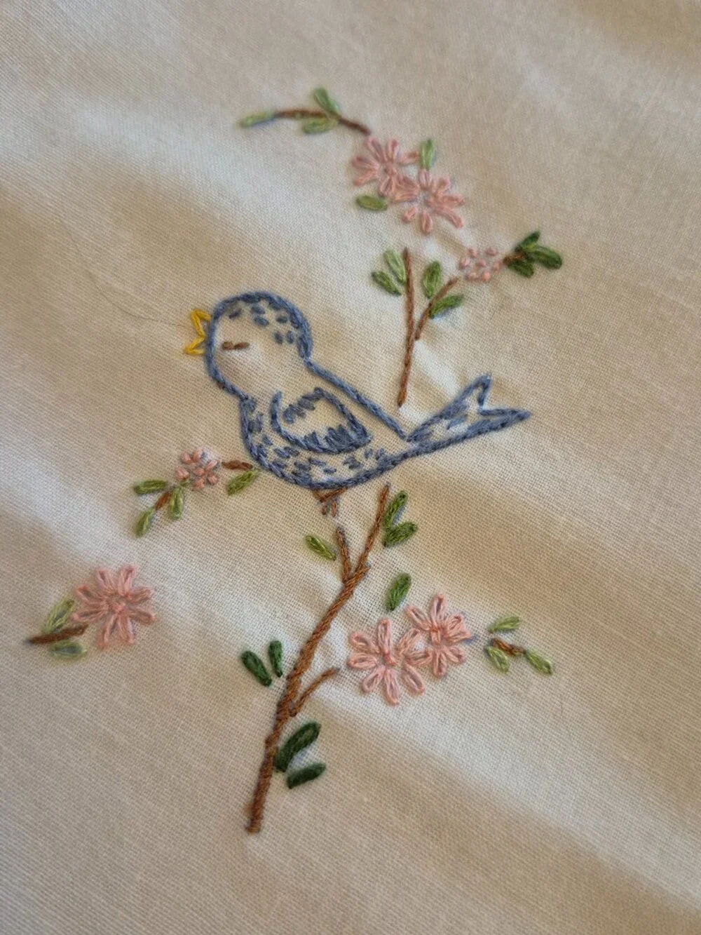 Vintage Embroidered Pillowcases Birds Flowers Standard Size Pair